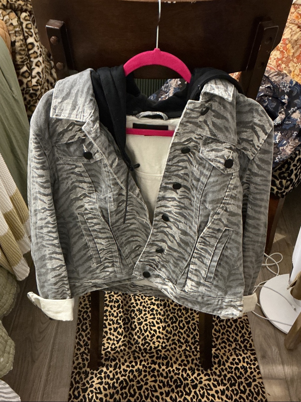 Blank NYC Grey Zebra-Print Jean Jacket with Black Hood